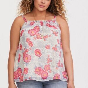 Torrid Women's Plus Size 0 Floral Smocked Chiffon Tank Top Red Blue Flowy‎ Comfy